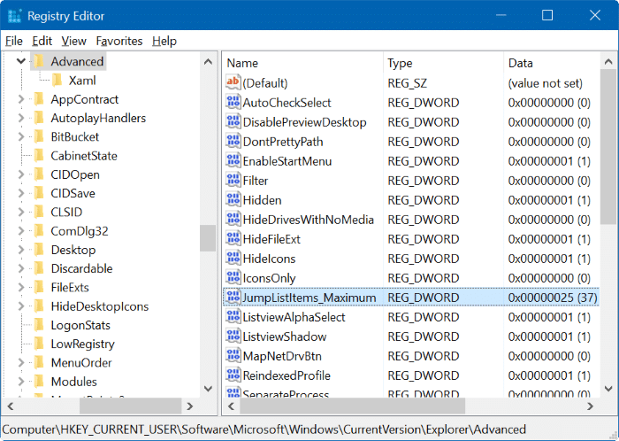Increase the number of items in jump lists in Windows 10 step5