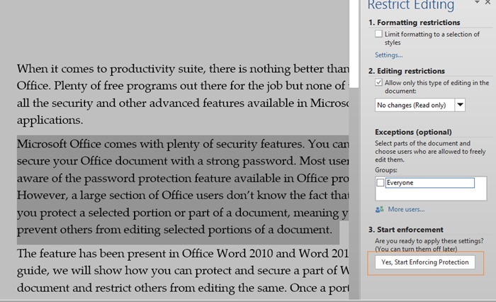 Lock a part of Word document step4