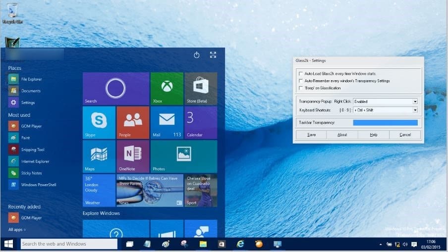 Make Start Menu Transparent in Windows 10