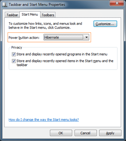 Make hibernate default in Windows 7 Start Screen step2