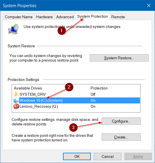 Make system restore use less disk space in Windows 10 step3