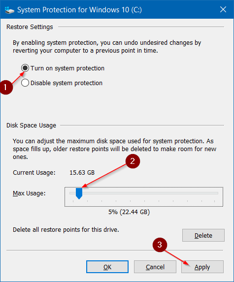 Make system restore use less disk space in Windows 10 step4