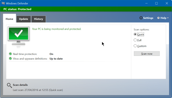 Manually update Windows Defender in Windows 10
