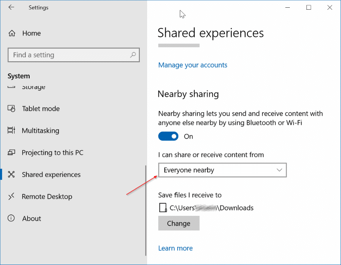 Nearby sharing not working in Windows 10 pic1