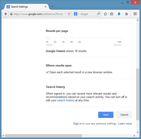 Open Google search results in new tab page step2