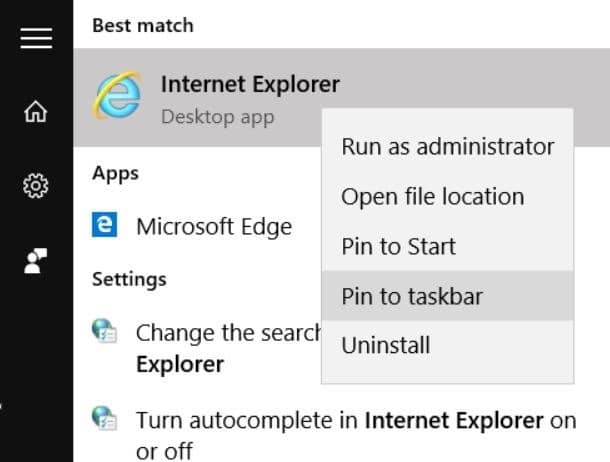 Open internet explorer in windows 10 step2