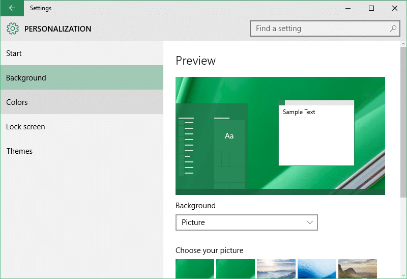 open personalization panel Windows 10