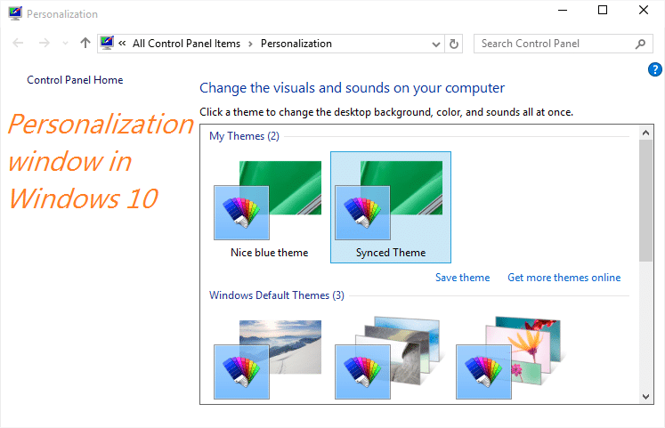 Open personalization panel Windows 10