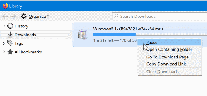 Pause or cancel downloads in firefox