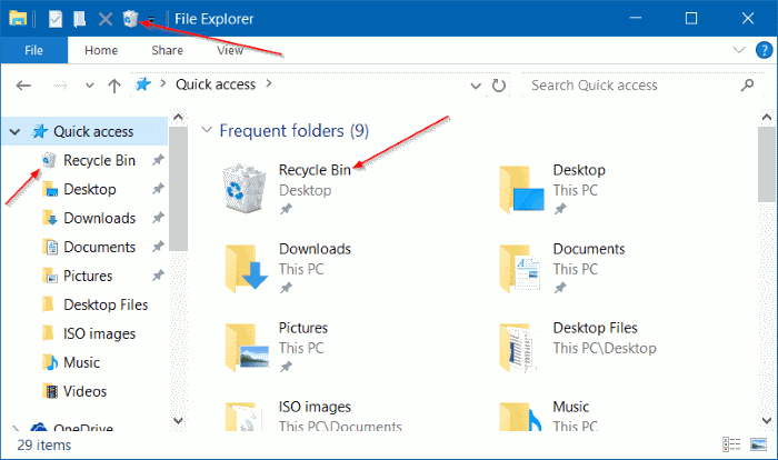 Pin Recycle Bin To Quick Access & Quick Access Toolbar in Windows 10 step01