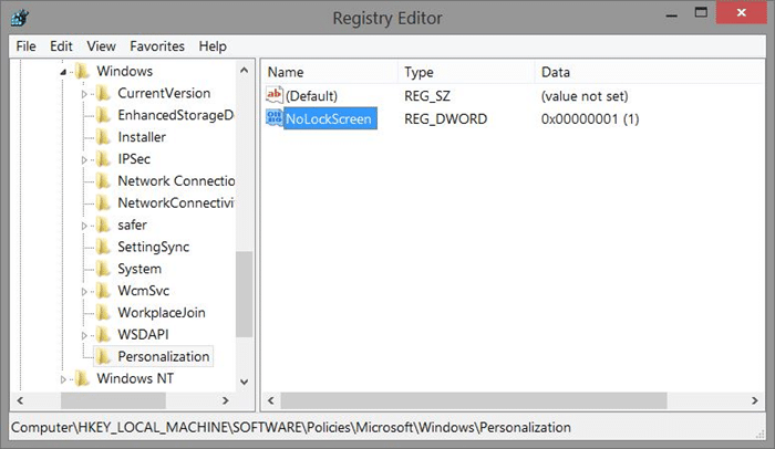 Remove Windows 8.1 lock screen using Registry Step4