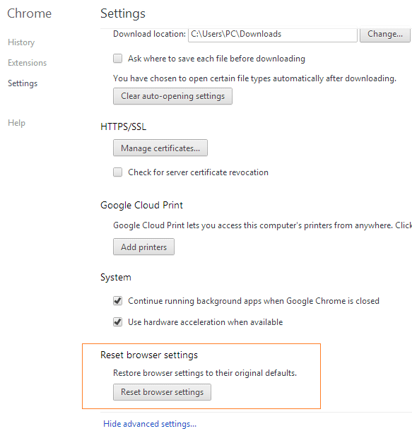 Reset Google Chrome Settings Step3