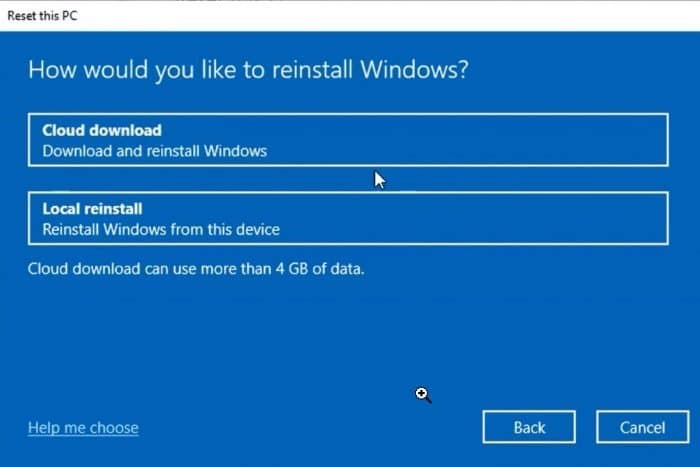 Reset Windows 10 PC using the Cloud download option