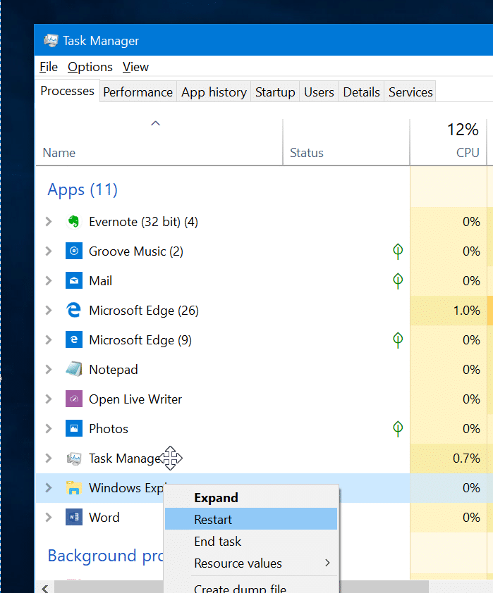 Restart Windows File Explorer in Windows 10 pic1