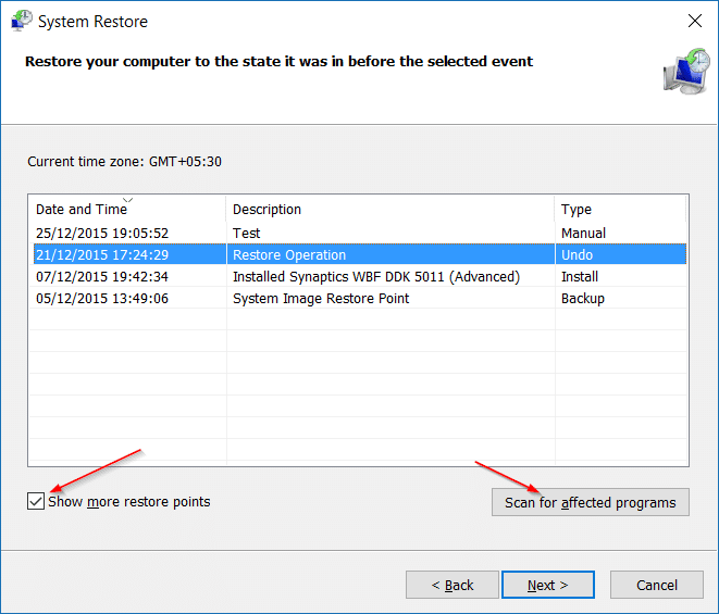 Restore Windows 10 to an earlier date step5