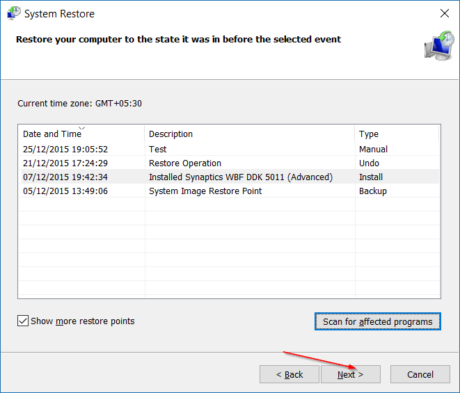Restore Windows 10 to an earlier date step8