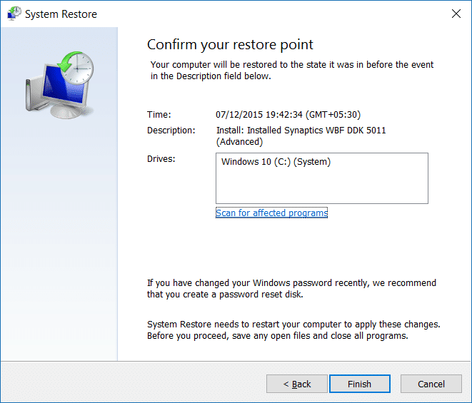 Restore Windows 10 to an earlier date step9