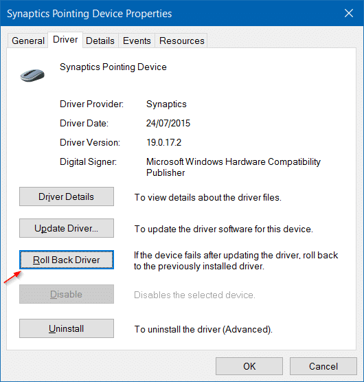 Roll back or restore previous version of a driver in Windows 10 step4
