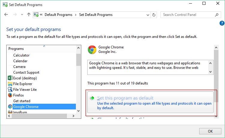 Set Chrome as default browser in Windows 10 step5