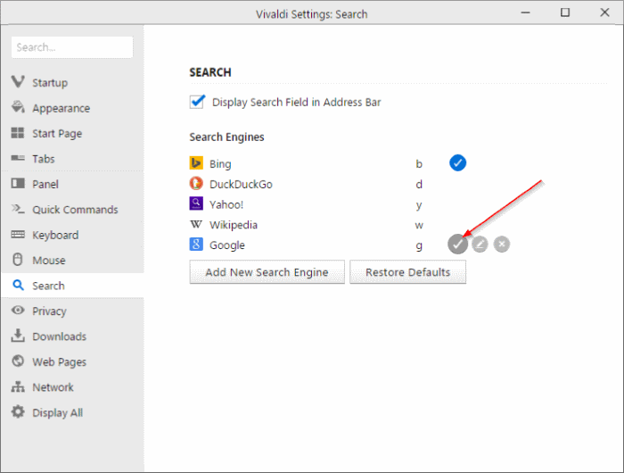 Set Google as default search engine in Vivaldi browser pic2