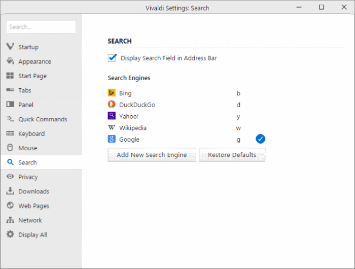 Set Google as default search engine in Vivaldi browser pic3