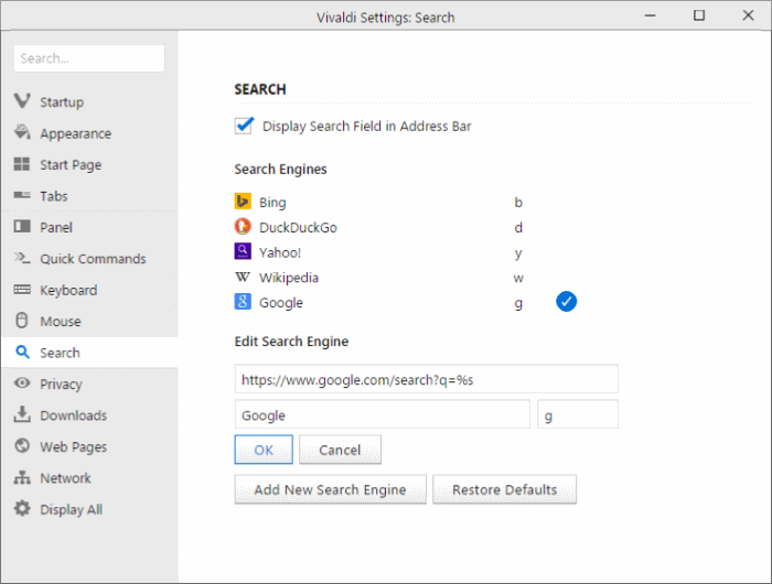 Set Google as default search engine in Vivaldi browser pic4