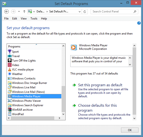 Set Windows Media Player as Default Audio Player in Windows 8.1 Step4