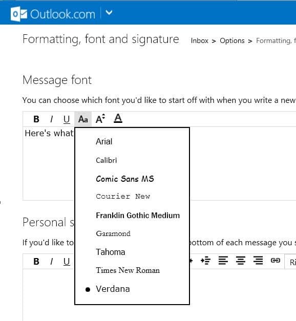 Set default font in Outlook com picture5