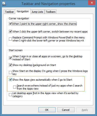 Show all installed apps when you press Windows key