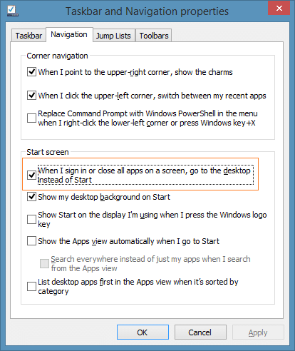 Show desktop after closing apps in Windows 8.1 step2