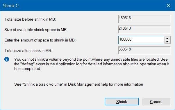 Shrink volume or partition in Windows 10 (3)