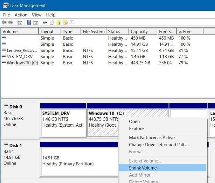 Shrink volume or partition in Windows 10 step1