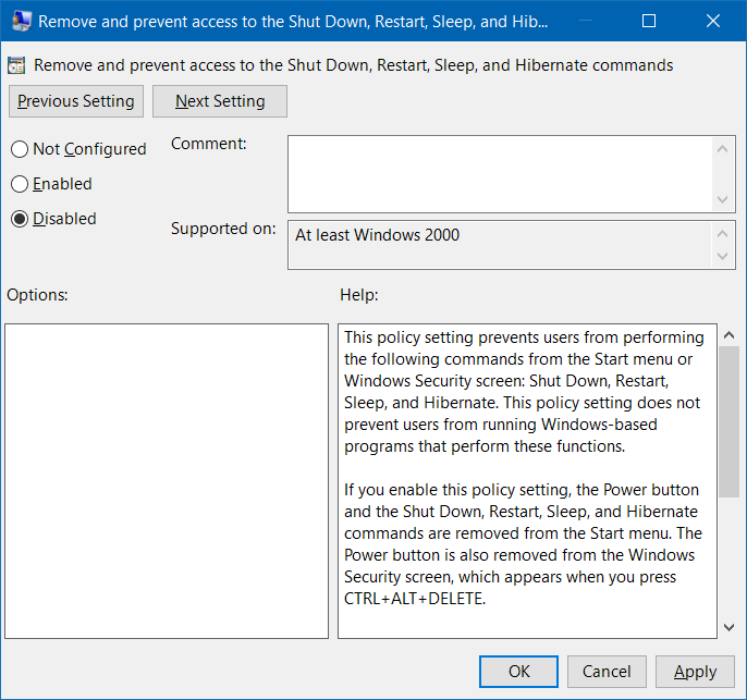 Shut down, restart, hibernate and sleep options missing step3