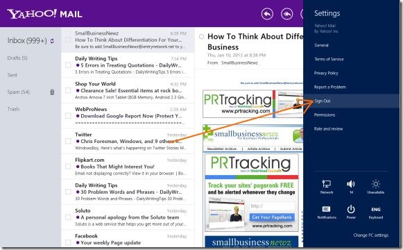 Sign Out in Yahoo Mail app In Windows 8