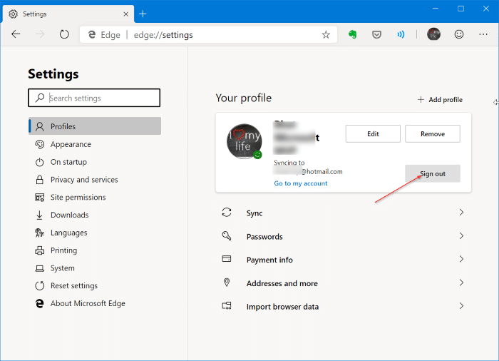 Sign out of Microsoft Edge in Windows 10 pic1