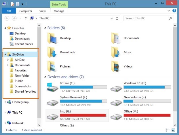 SkyDrive folder in Windows 8.1 navigation pane