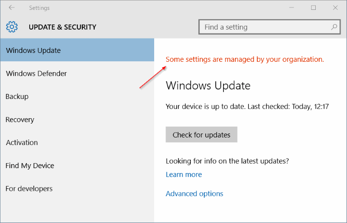 Some settings are managed by your organization in Windows 10 pic1