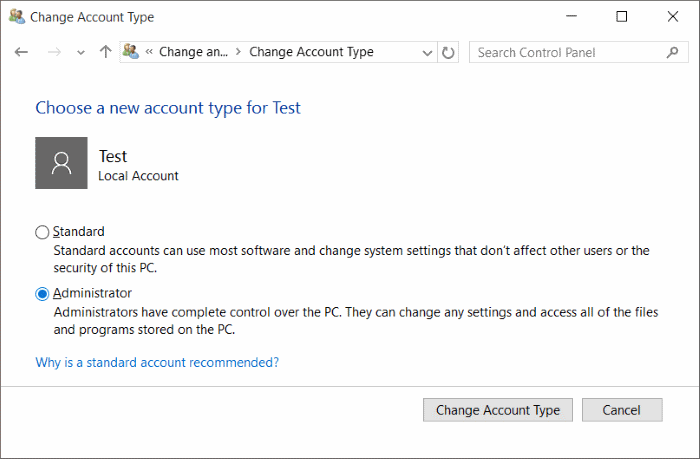 Standard account to administrator account Windows 10 pic10