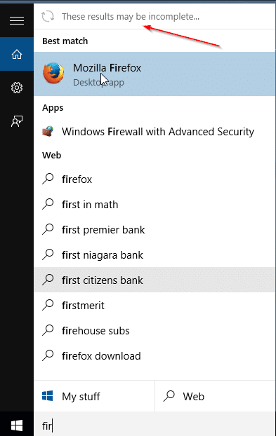 These results may be incomplete message in Start menu Windows 10