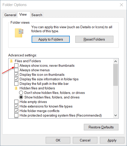 Thumbnails now showing in Windows 10 file explorer step4