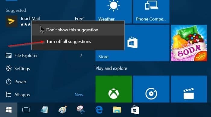 Turn off app suggestions in start menu Windows 10 pic3
