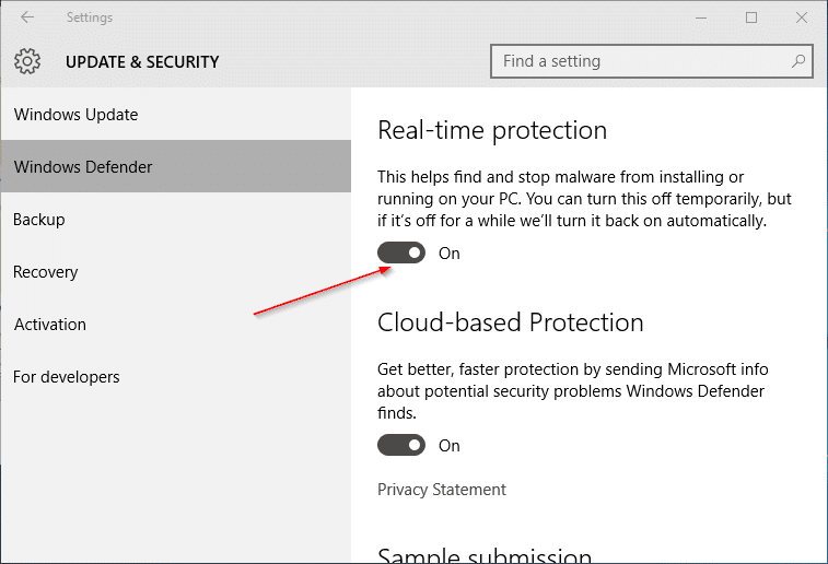 Turn on or off Windows Defender Real time protection in Windows 10 pic3