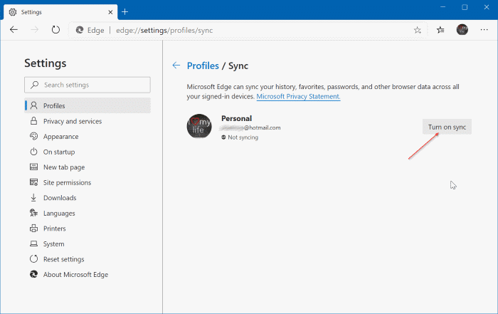Turn on or off data sync in Microsoft Edge (7)