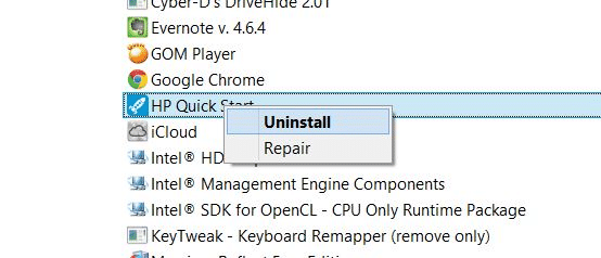 Uninstall HP Quick Start in Windows Picture1