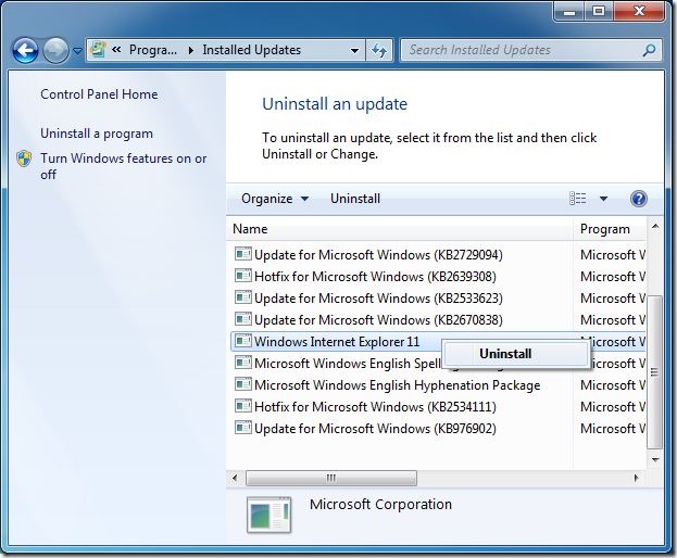 Uninstall Internet Explorer IE from Windows 7 step3