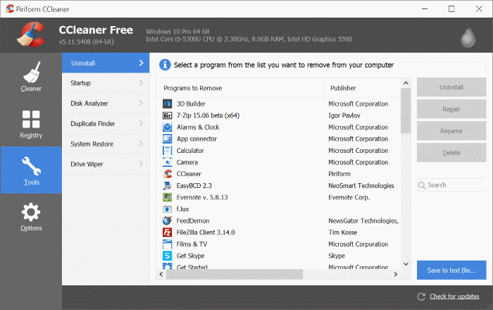Uninstall Preinstalled Windows 10 apps with CCelaner