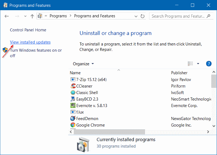 Uninstall an update in Windows 10 step3