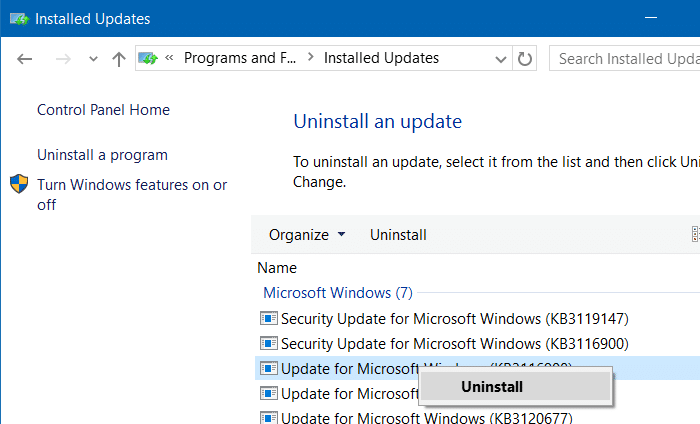 Uninstall an update in Windows 10 step5