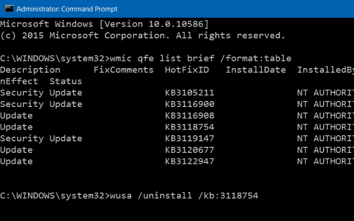 Uninstall an update in Windows 10 step8