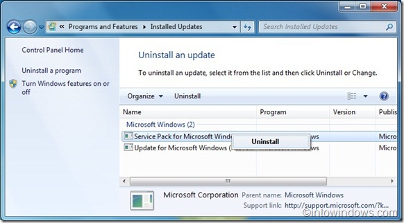 Uninstall Windows 7 sp1